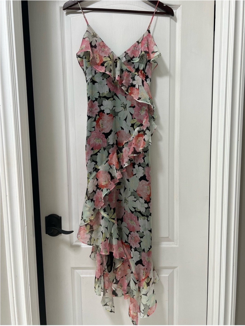 Zara Floral Ruffle Dress Chiffon Asymmetrical High Low Midi Black Pink Green XS